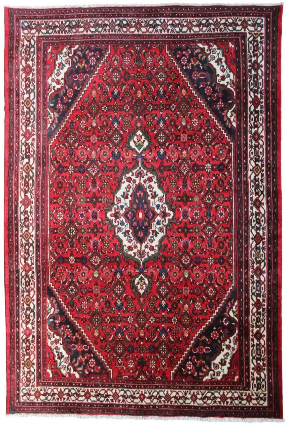 Rug with a red field, a large medallion, and white ornamental borders