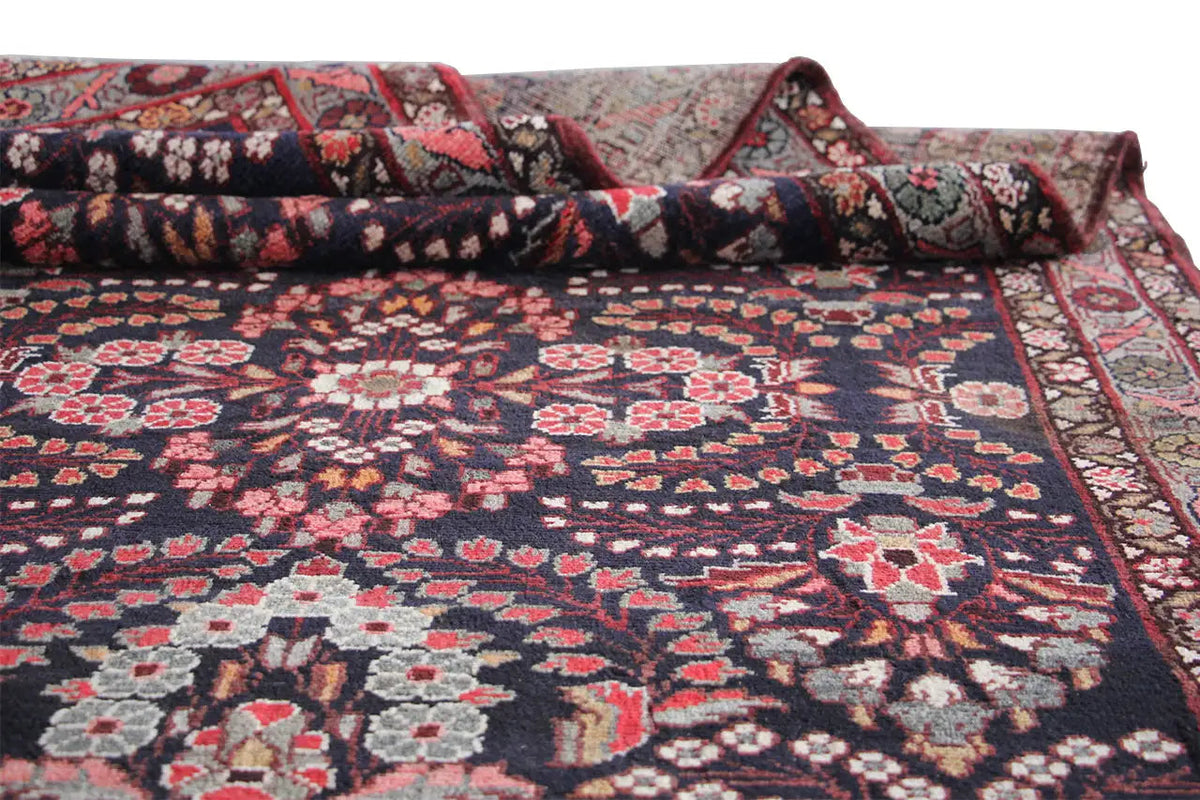 Hamadan runner with a border, dark blue, red and beige, with fringes along one edge