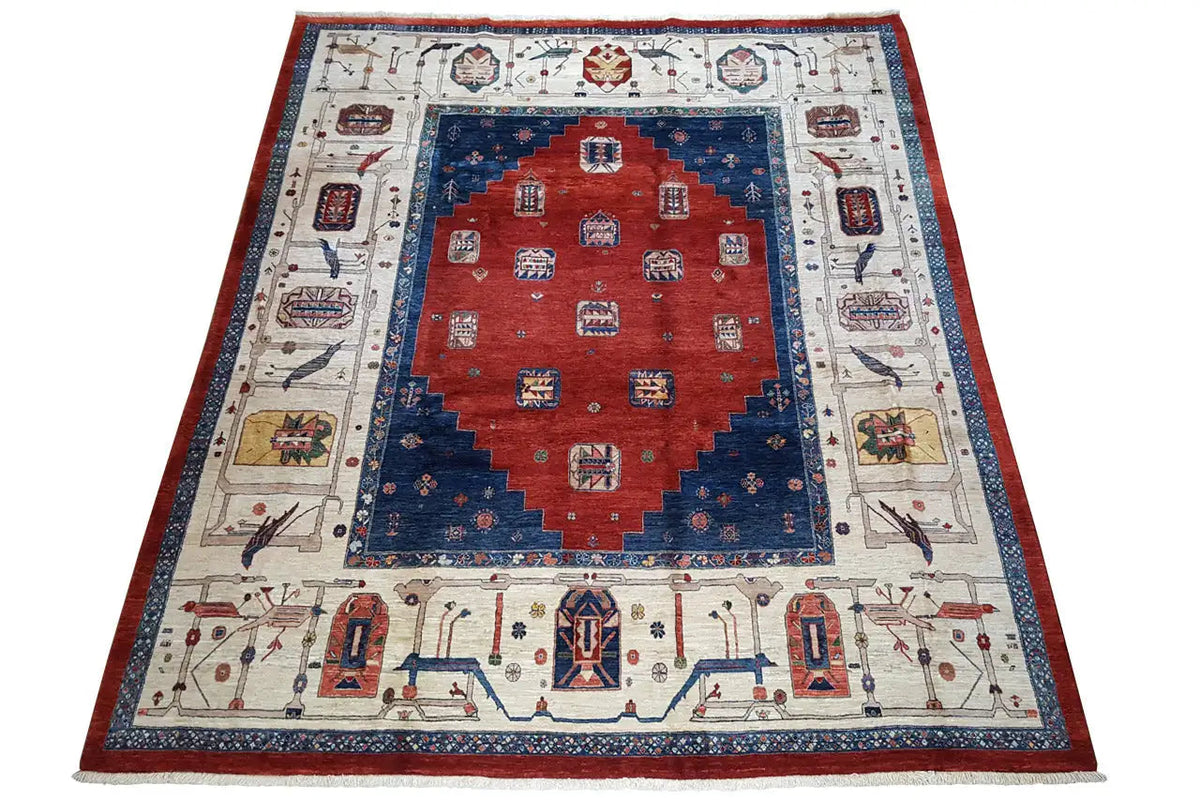 Oriental rug with a blue-red medallion pattern, surrounding border, rectangular