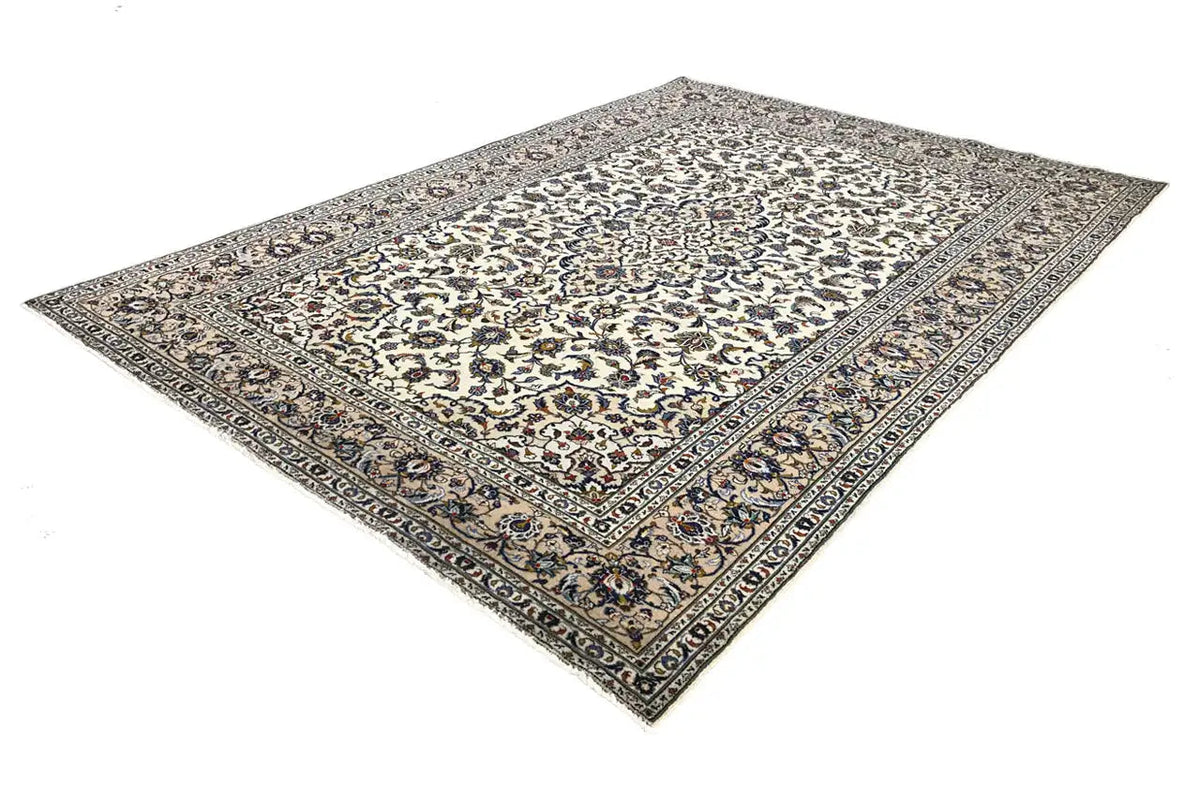 Beige rug with a blue border and an ornamental overall pattern, rectangular