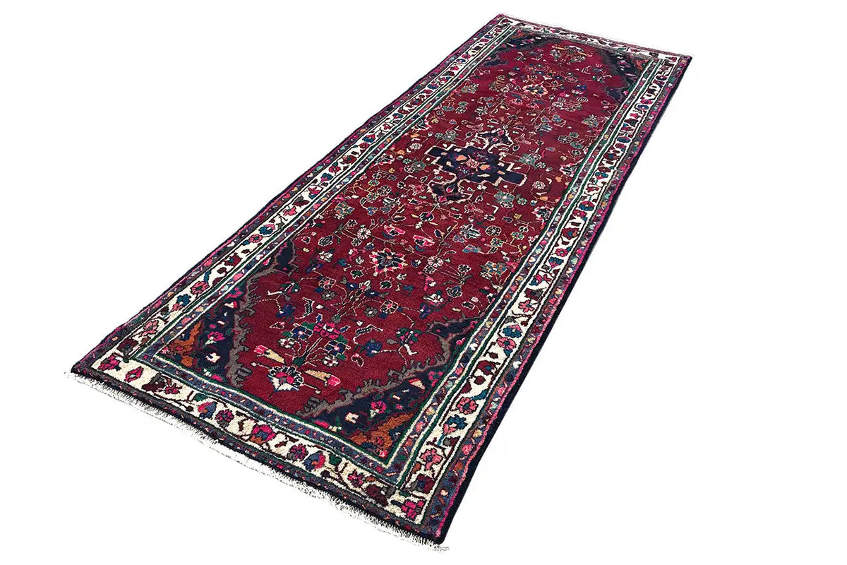 Hamadan runner with red ornamental pattern, wide border and multicolored details, 309x106 cm