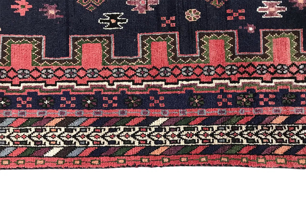 Sirjan runner edge detail: patterned border in dark blue, red, and green with fringes