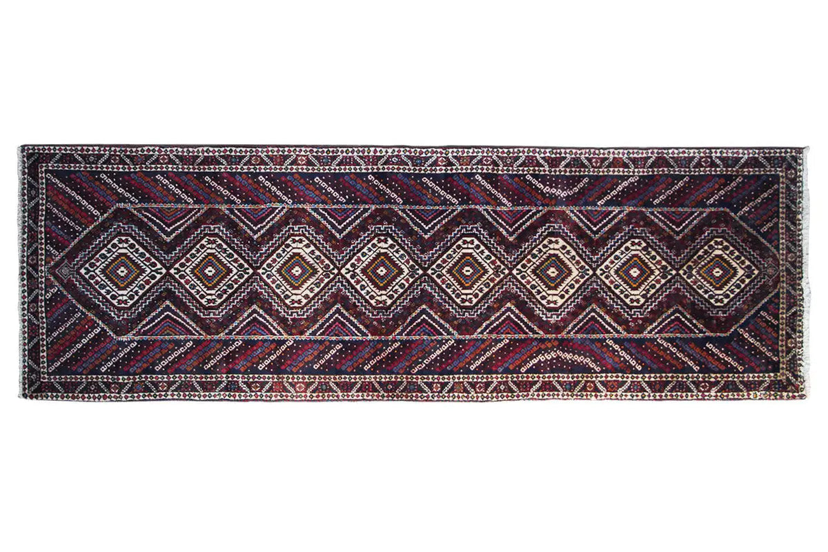 Runner 305x100 cm with geometric pattern, dark tones, border