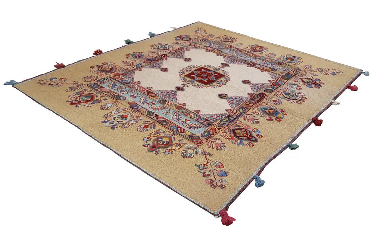 Soumak rug (118x103 cm), beige background, blue-red medallions, colorful tassels