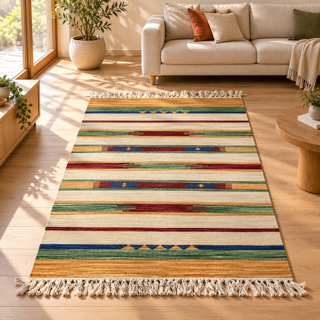 Kelim-Teppich im modernen Wohnzimmer mit Sonnenlicht durch das Fenster