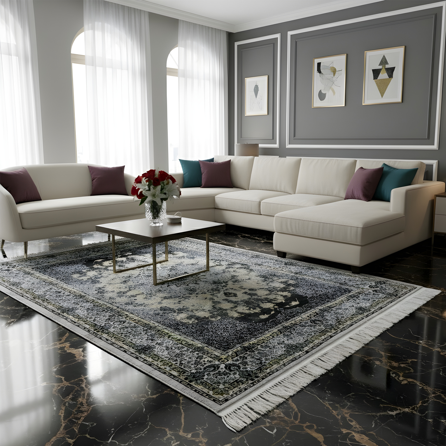 Modern Machine made rug in a living room . There is a beige color sofa a table over rug with a vase with rose flowers