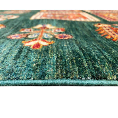 Handgeknüpfter Khorjin Teppich - Grüne & Mehrfarbige Quadrate, 239x173 cm - German Carpet Shop