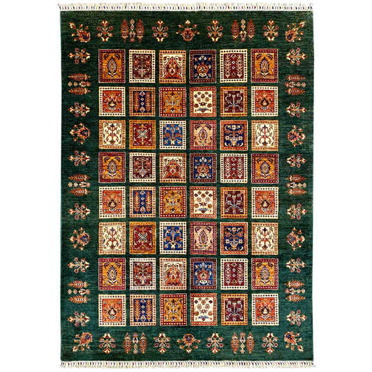 Handgeknüpfter Khorjin Teppich - Grüne & Mehrfarbige Quadrate, 239x173 cm - German Carpet Shop