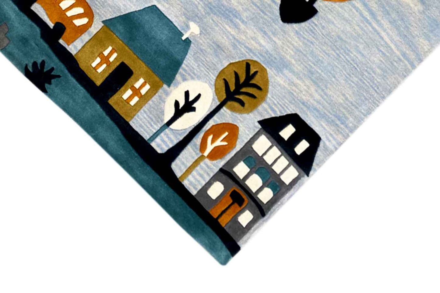 Handgetufteter Wollteppich mit verspieltem Heißluftballon- und Stadtmotiv, 170x240cm (5.6X7.9ft) - German Carpet Shop