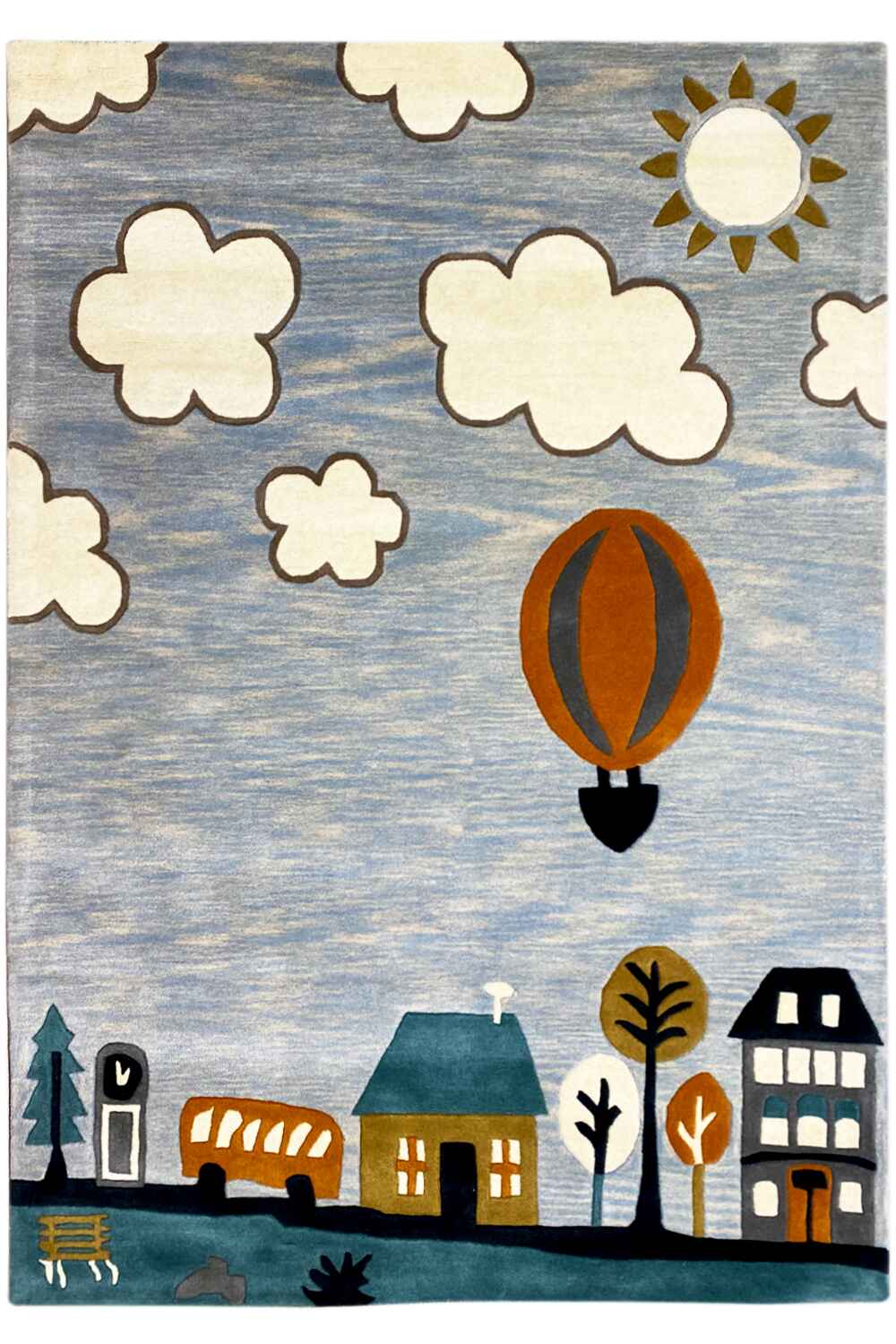 Handgetufteter Wollteppich mit verspieltem Heißluftballon- und Stadtmotiv, 170x240cm (5.6X7.9ft) - German Carpet Shop
