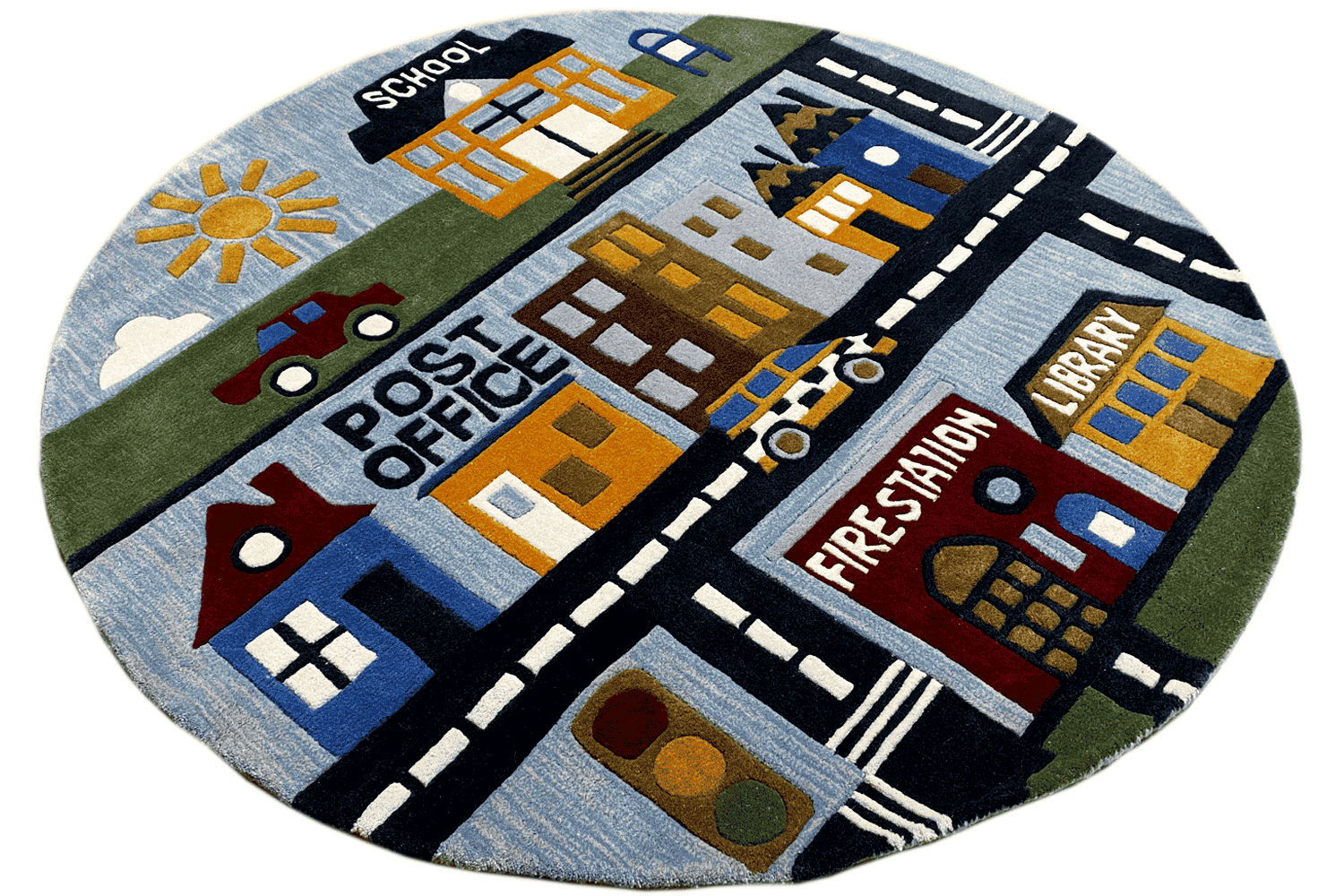 Stadt-Abenteuer - Handgetufteter Kinder-Stadtplan-Teppich, 150x150cm (4.9x4.9ft) - German Carpet Shop