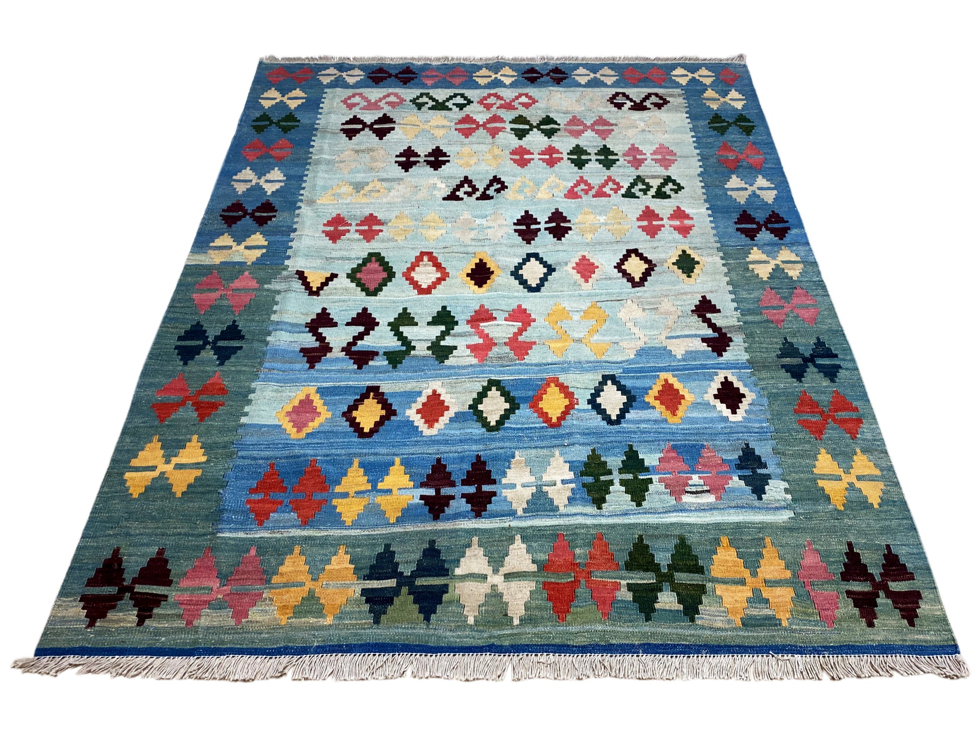 Kelim Teppich aus handversponnener Wolle, Qashqai Design, 199x158 cm