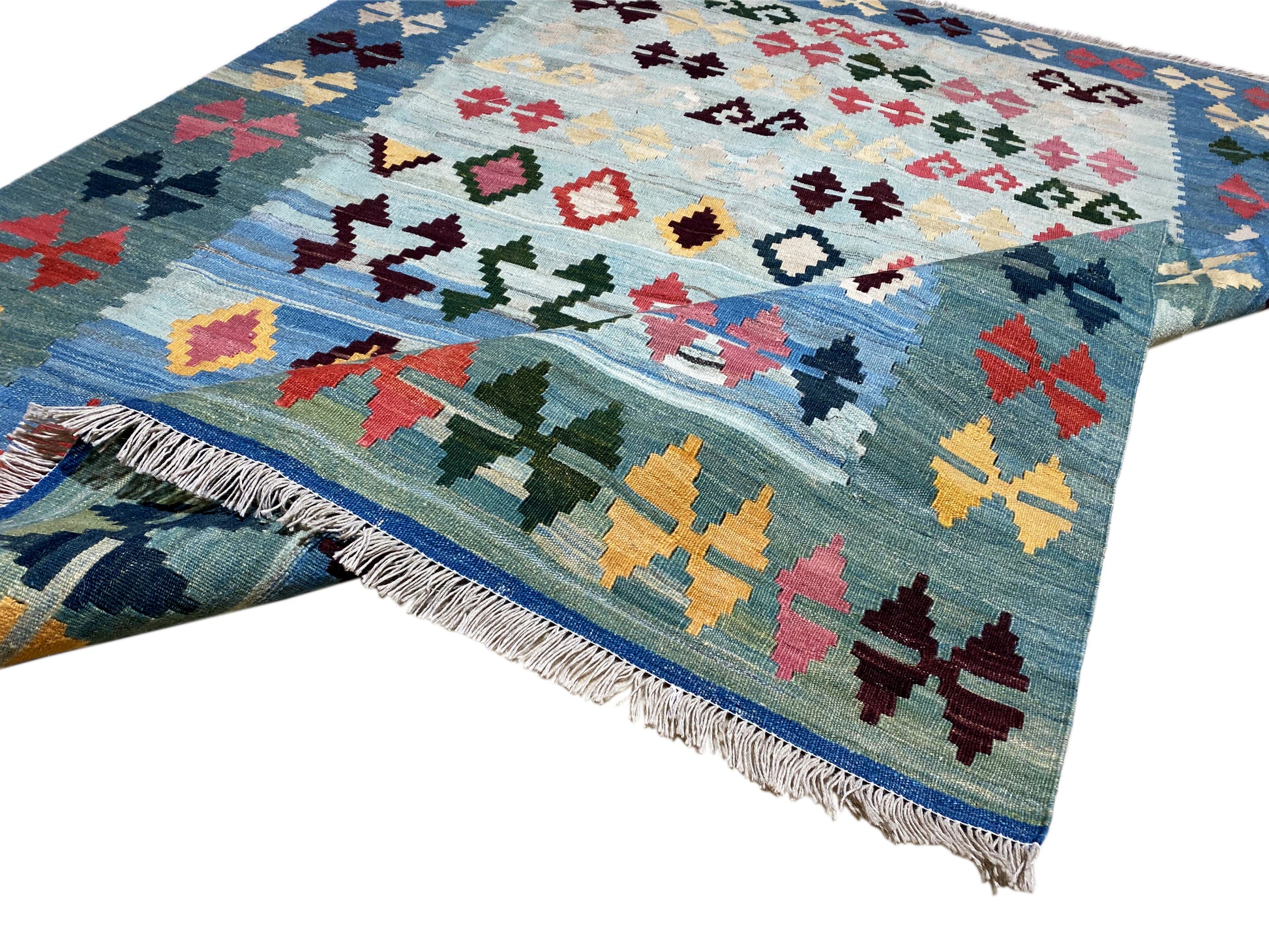 Skandi Wohnstil Teppich: Kelim Qashqai in Blau, handgefertigt