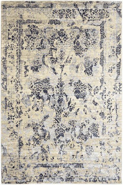 Moderner Beiger und Navy Blauer Designer Teppich - Handgefertigt aus Wolle/Viskose, 304x205 cm (8x10 ft) - German Carpet Shop