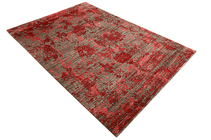 Moderner Roter und Grauer Designer Teppich - Handgefertigt aus Wolle/Viskose, 245x174 cm (8x6 ft) - German Carpet Shop