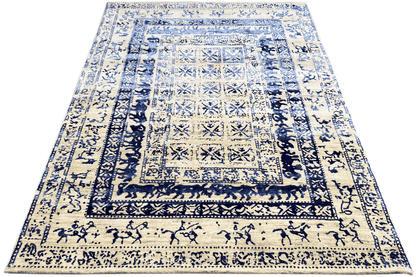 Moderner Beiger und Blauer Designer Teppich - Handgefertigt aus Wolle/Viskose, 235x171 cm (8x5.6 ft) - German Carpet Shop