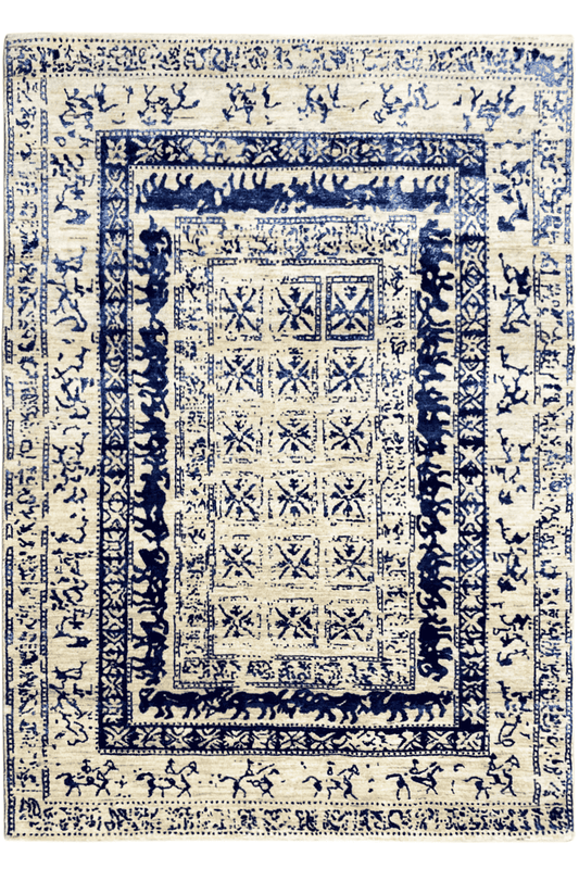 Moderner Beiger und Blauer Designer Teppich - Handgefertigt aus Wolle/Viskose, 235x171 cm (8x5.6 ft) - German Carpet Shop
