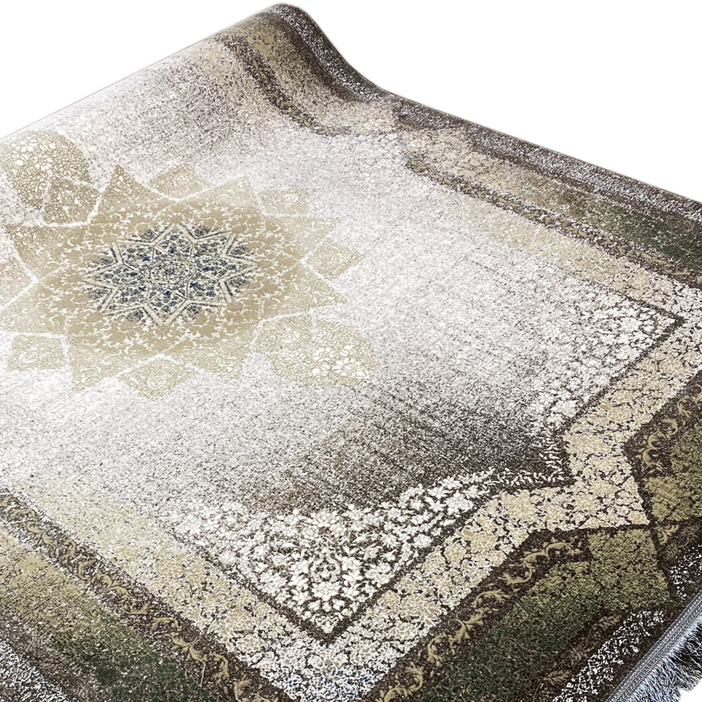 Rauchgrüner, gewebter Teppich mit Vintage-Finish.