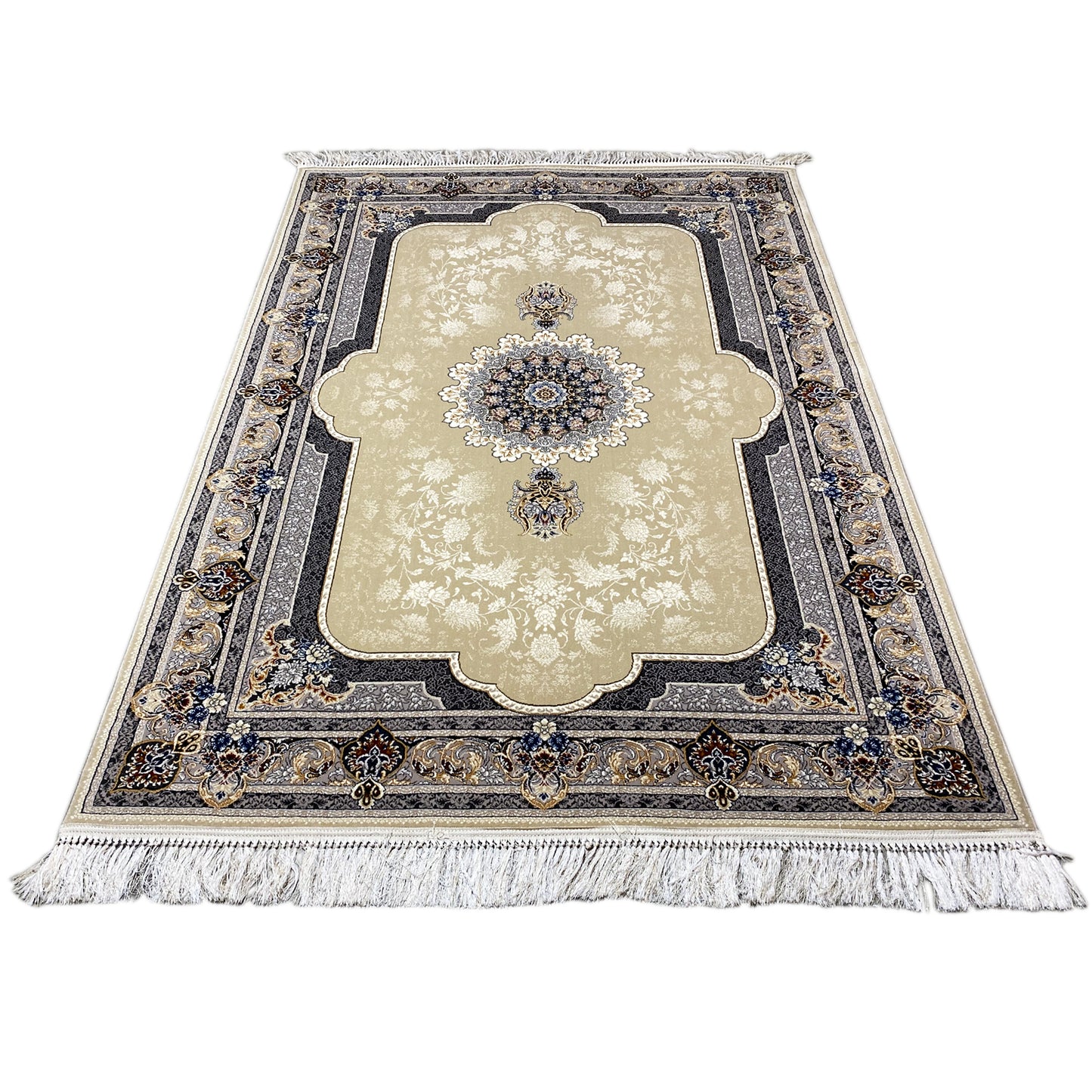 Orientalischer Teppich 160x230cm für Wohnzimmer, strapazierfähig, Beige-Blau