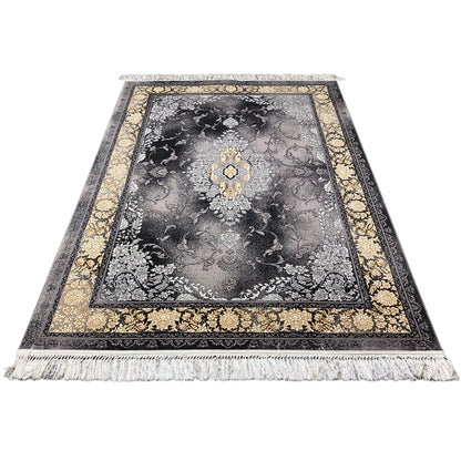 Orientalischer Teppich 160x230cm für Wohnzimmer, strapazierfähig, Schwarz-Gold