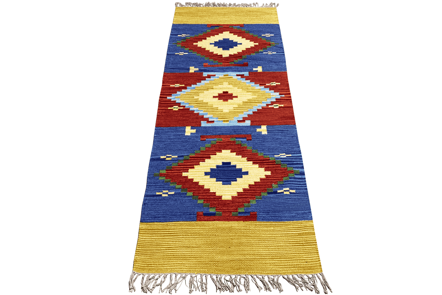 Indischer Handgewebter Kelim Dhurrie Teppich, 200x80cm (6.5x2.6ft), Buntes Geometrisches Muster - German Carpet Shop