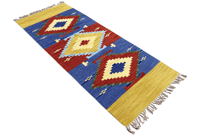 Indischer Handgewebter Kelim Dhurrie Teppich, 200x80cm (6.5x2.6ft), Buntes Geometrisches Muster - German Carpet Shop