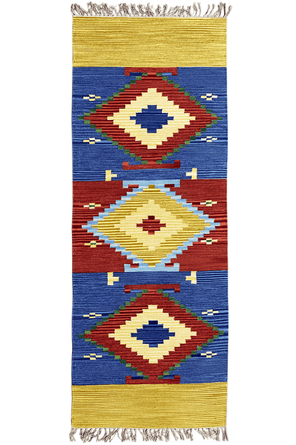 Indischer Handgewebter Kelim Dhurrie Teppich, 200x80cm (6.5x2.6ft), Buntes Geometrisches Muster - German Carpet Shop