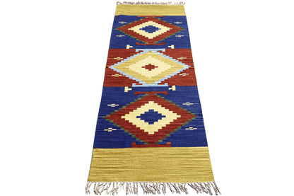 Handgewebter Wollen Kelim Dhurrie Läufer - 250x80cm (8.2x2.6ft) - Geometrisches Indisches Design - German Carpet Shop