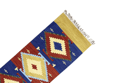 Handgewebter Wollen Kelim Dhurrie Läufer - 250x80cm (8.2x2.6ft) - Geometrisches Indisches Design - German Carpet Shop