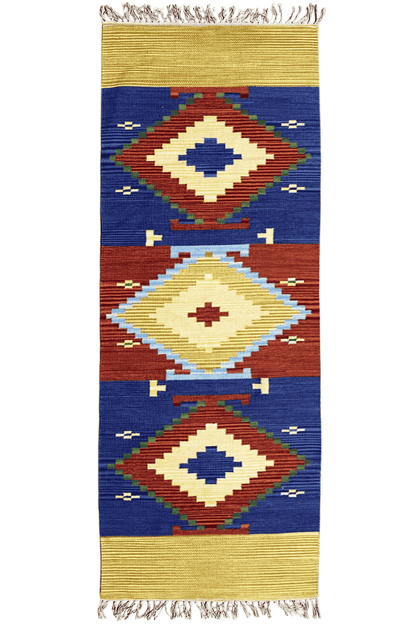 Handgewebter Wollen Kelim Dhurrie Läufer - 250x80cm (8.2x2.6ft) - Geometrisches Indisches Design - German Carpet Shop