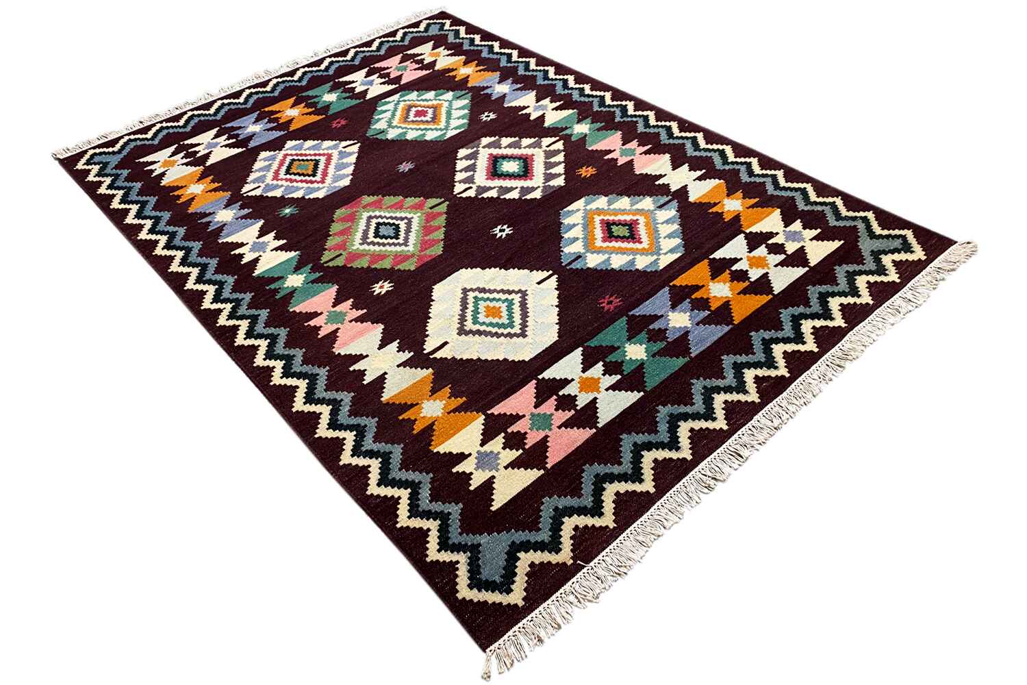 Handgewebter Wollen Kelim Dhurrie Teppich - 240x170cm (8x6ft) - Lebhaftes Geometrisches Muster - German Carpet Shop