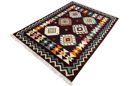 Handgewebter Wollen Kelim Dhurrie Teppich - 240x170cm (8x6ft) - Lebhaftes Geometrisches Muster - German Carpet Shop