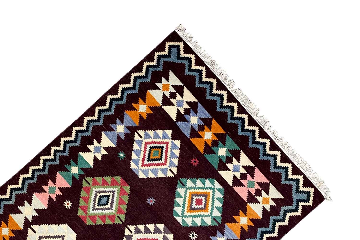 Handgewebter Wollen Kelim Dhurrie Teppich - 240x170cm (8x6ft) - Lebhaftes Geometrisches Muster - German Carpet Shop