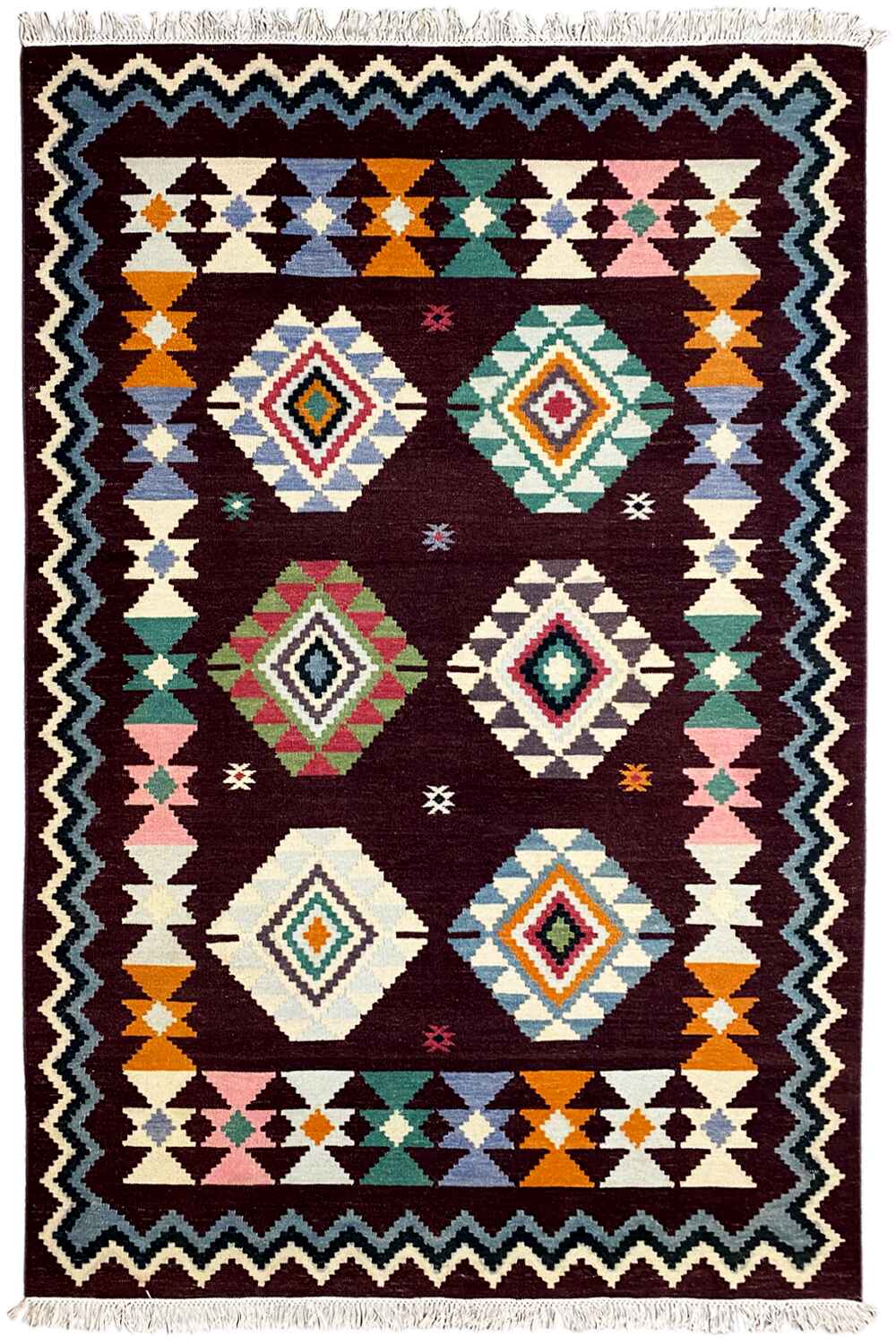 Handgewebter Wollen Kelim Dhurrie Teppich - 240x170cm (8x6ft) - Lebhaftes Geometrisches Muster - German Carpet Shop