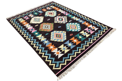 Handgewebter Wollen Kelim Dhurrie Teppich - 240x170cm (8x6ft) - Intrikates Tribal-Muster - German Carpet Shop