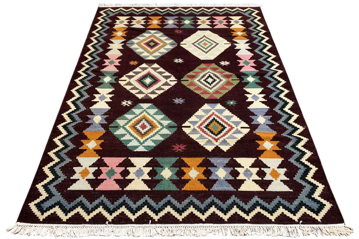Tribal-Tapisserie - Handgewebter Wollen Kelim Dhurrie Teppich, 240x170cm (8x6ft) - German Carpet Shop