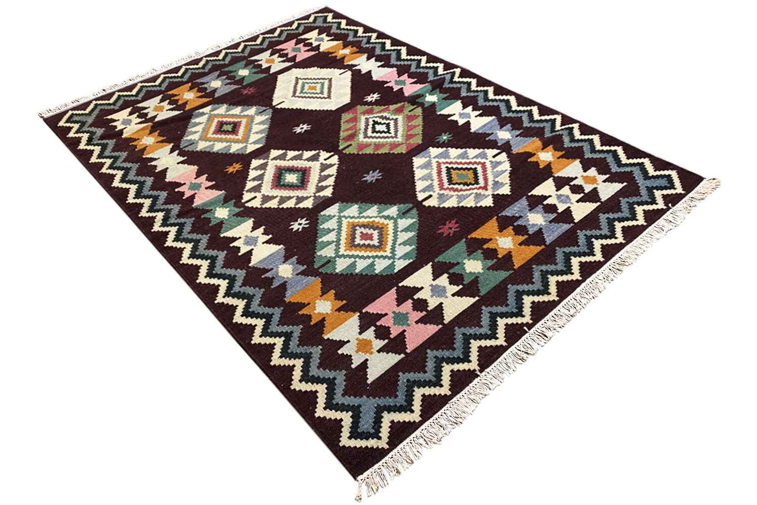 Tribal-Tapisserie - Handgewebter Wollen Kelim Dhurrie Teppich, 240x170cm (8x6ft) - German Carpet Shop