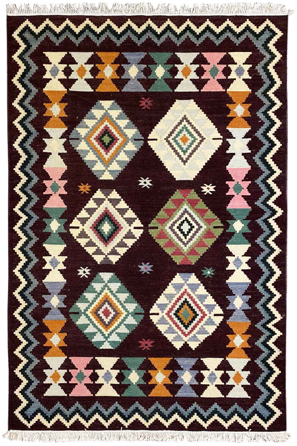 Tribal-Tapisserie - Handgewebter Wollen Kelim Dhurrie Teppich, 240x170cm (8x6ft) - German Carpet Shop