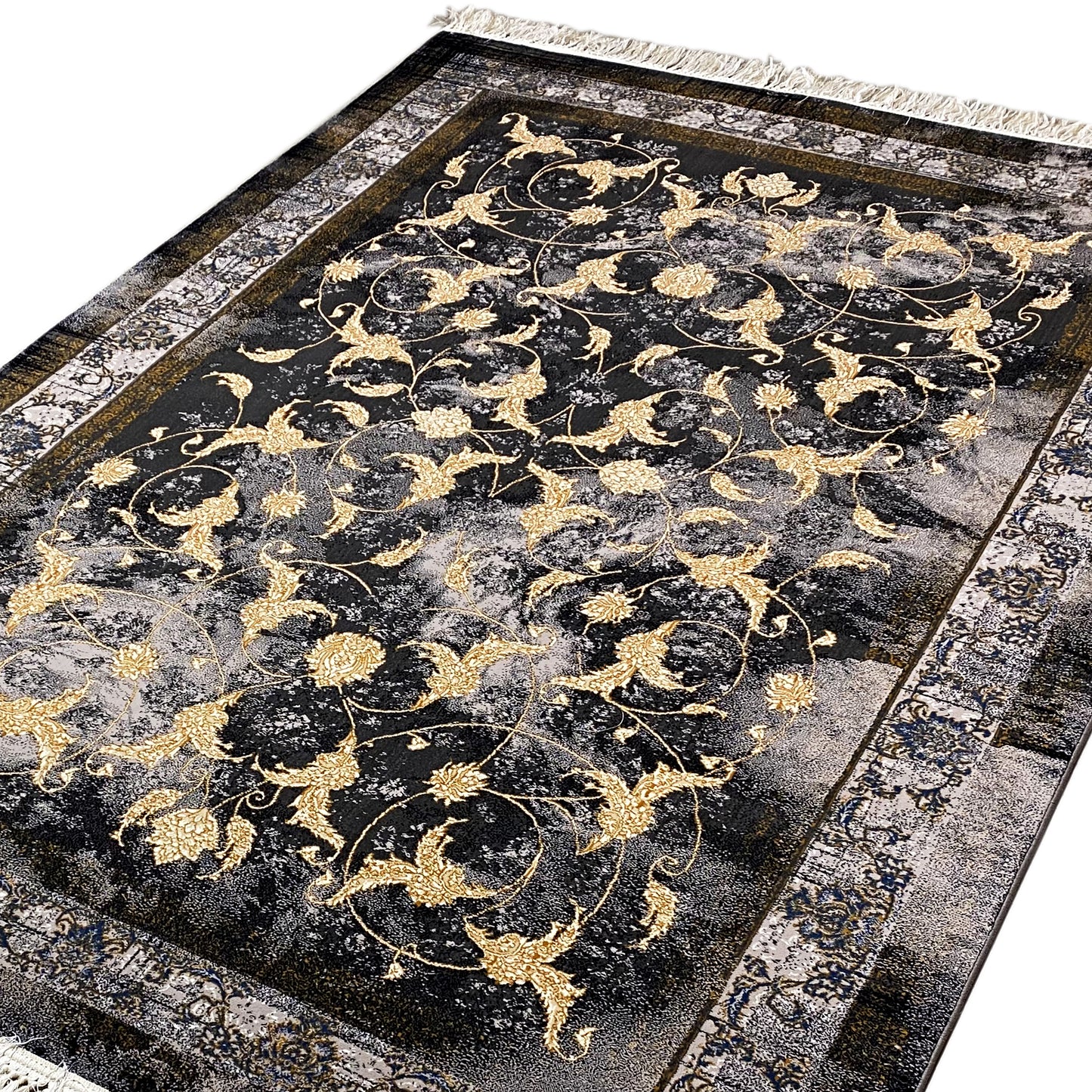 Teppich mit goldenem Blumenmuster auf schwarzem Hintergrund.