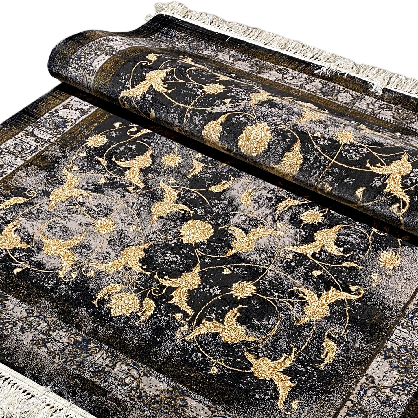 Moderner Teppich mit Blumenmuster in Gold für Wohnzimmer.