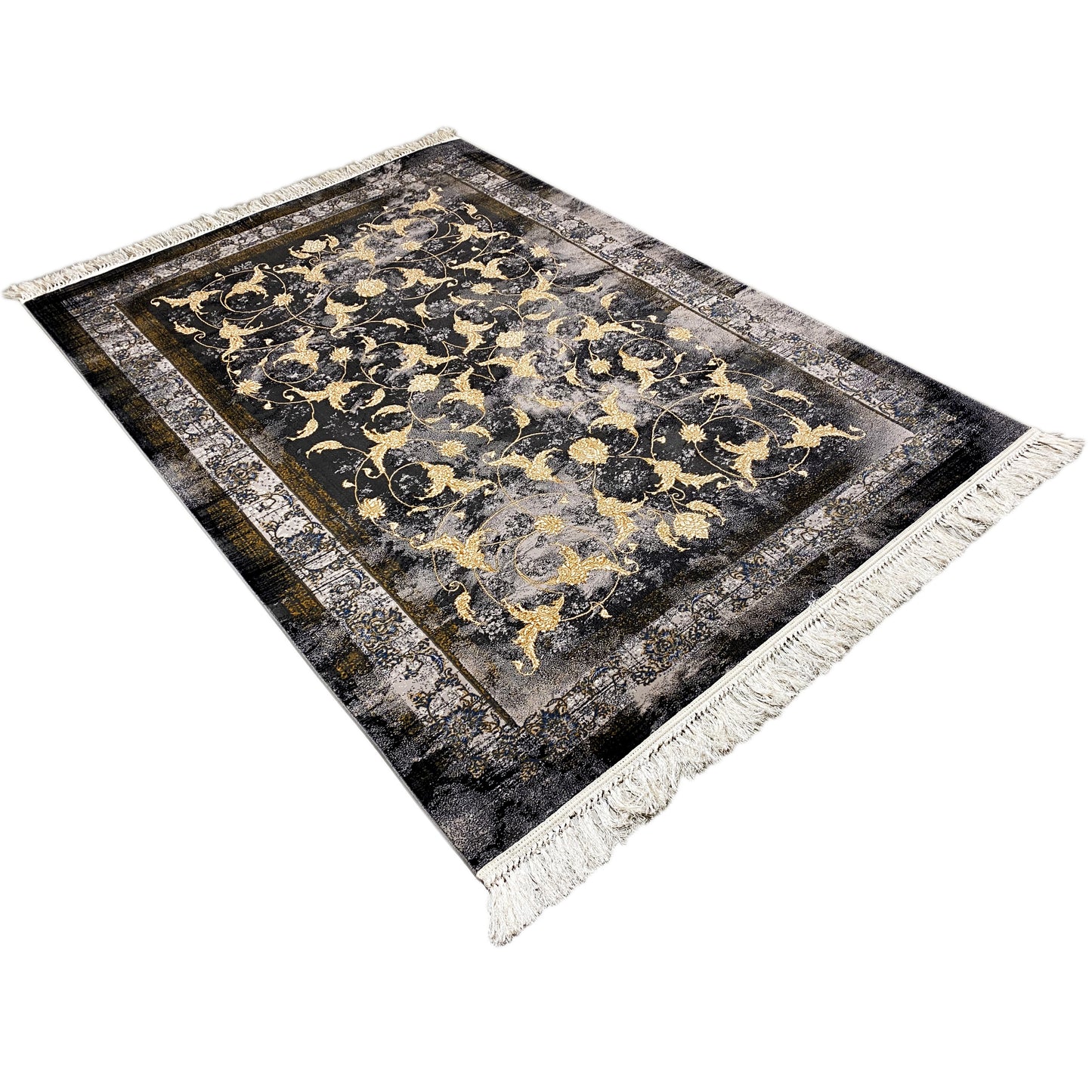 Weißer Hintergrund mit Teppich in Schwarz, Gold und Grau.