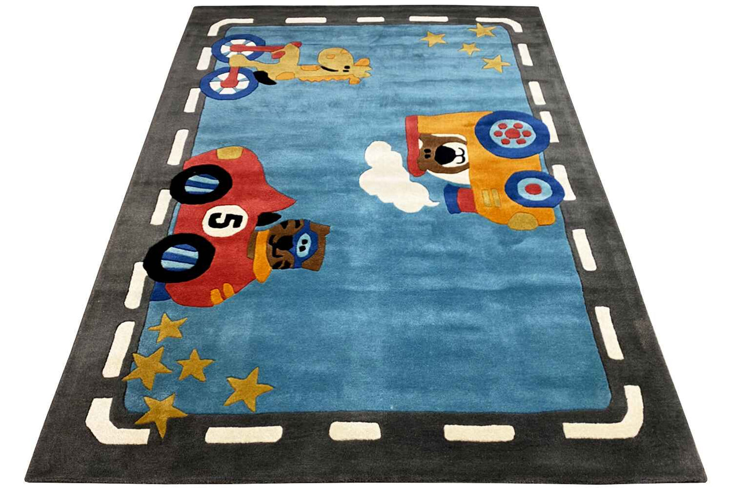 Handgetufteter Wollteppich mit farbenfrohem Auto- & Tiermotiv, 170x240cm (5.6X7.9ft) - German Carpet Shop