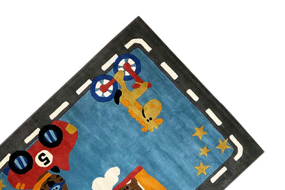 Handgetufteter Wollteppich mit farbenfrohem Auto- & Tiermotiv, 170x240cm (5.6X7.9ft) - German Carpet Shop