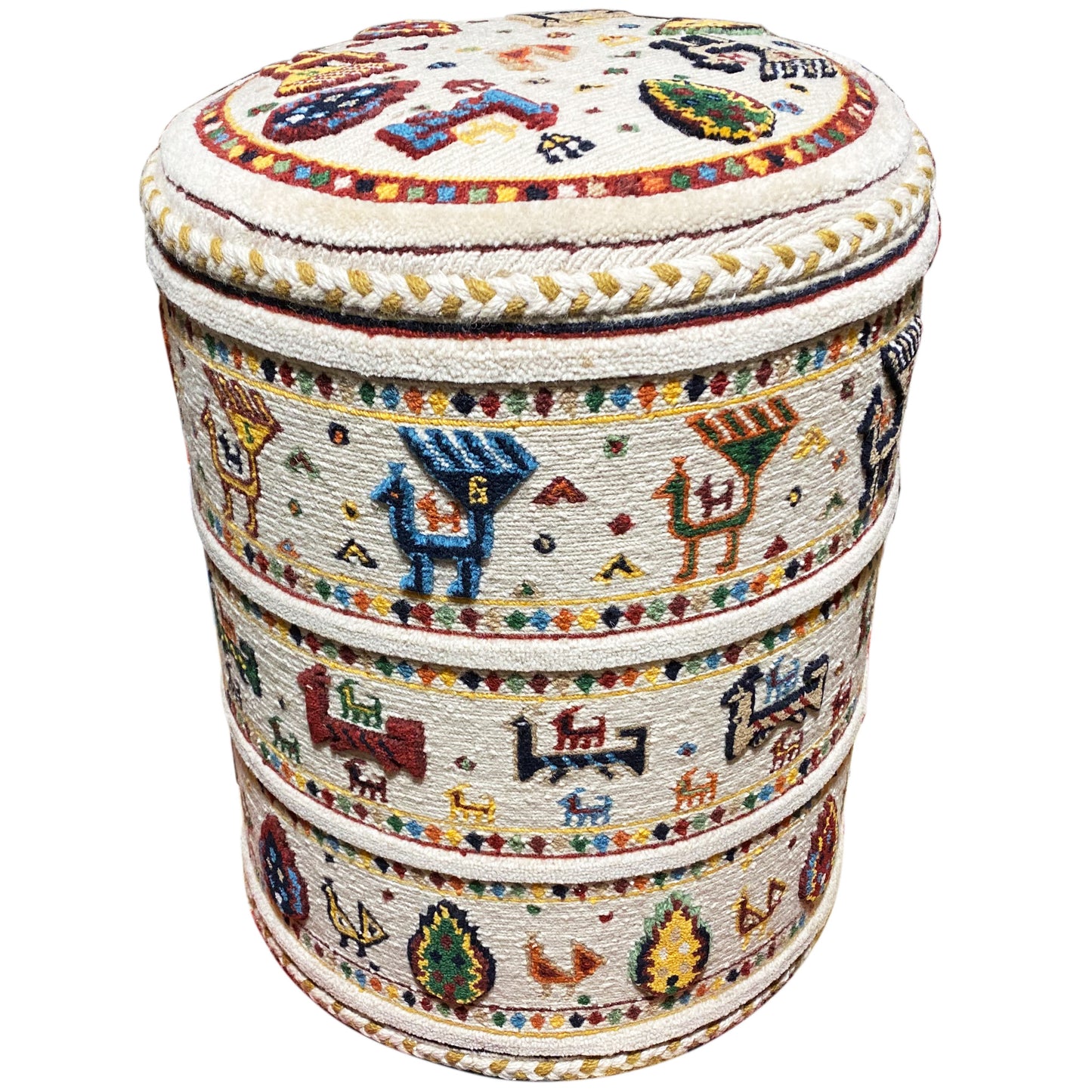 Handgemachter persischer Pouf mit Kamelmotiven