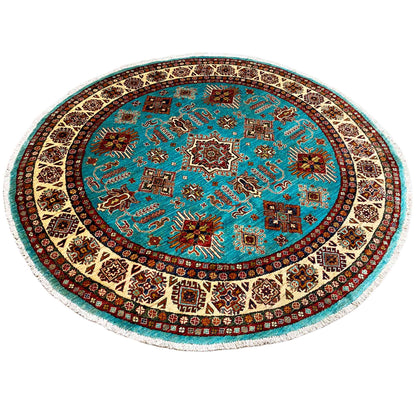 Türkisfarbener Runder Kazak Teppich, 184x185 cm - German Carpet Shop