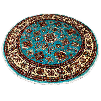 Türkisfarbener Runder Kazak Teppich, 184x185 cm - German Carpet Shop