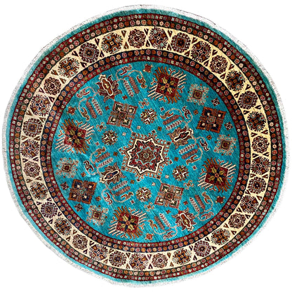 Türkisfarbener Runder Kazak Teppich, 184x185 cm - German Carpet Shop