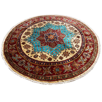 Türkis & Roter Runder Kazak Teppich, 204x204 cm - German Carpet Shop