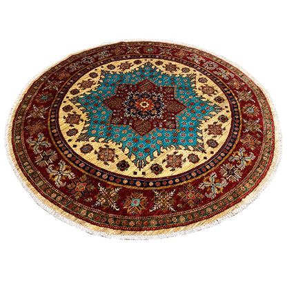 Türkis & Roter Runder Kazak Teppich, 204x204 cm - German Carpet Shop