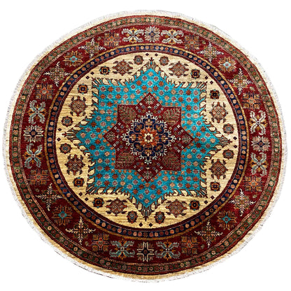 Türkis & Roter Runder Kazak Teppich, 204x204 cm - German Carpet Shop